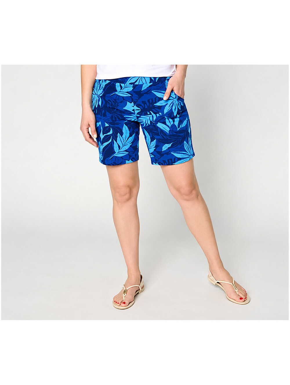 Denim & Co. Regular Printed Any Day Duo Stretch Knit Shorts Lapis Blue, Large